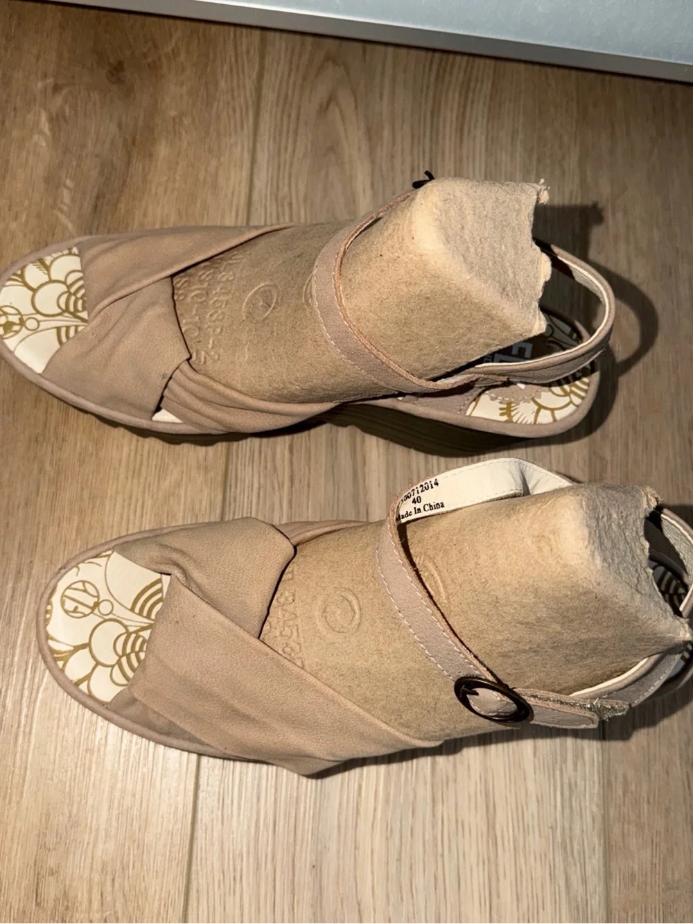 Fly London Yesh Neutral Tan Wedge Sandals with Adjustable Ankle Strap